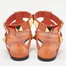 Pre Owned Valentino Orange Leather Roman Stud Ankle Strap Flat Sandals Size 36