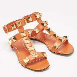 Pre Owned Valentino Orange Leather Roman Stud Ankle Strap Flat Sandals Size 36