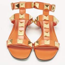 Pre Owned Valentino Orange Leather Roman Stud Ankle Strap Flat Sandals Size 36