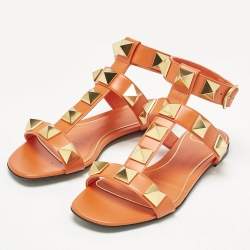 Pre Owned Valentino Orange Leather Roman Stud Ankle Strap Flat Sandals Size 36