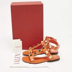 Pre Owned Valentino Orange Leather Roman Stud Ankle Strap Flat Sandals Size 36
