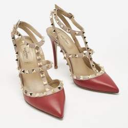 Pre Owned Valentino Red/Pink Leather Rockstud Caged Pumps Size 38