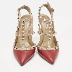 Pre Owned Valentino Red/Pink Leather Rockstud Caged Pumps Size 38