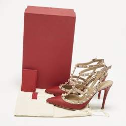 Pre Owned Valentino Red/Pink Leather Rockstud Caged Pumps Size 38