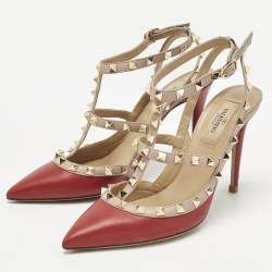 Pre Owned Valentino Red/Pink Leather Rockstud Caged Pumps Size 38