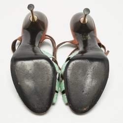 Pre Owned Valentino Brown/Mint Green Leather and Python T Strap Sandals Size 41