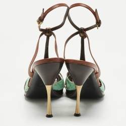 Pre Owned Valentino Brown/Mint Green Leather and Python T Strap Sandals Size 41