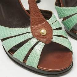 Pre Owned Valentino Brown/Mint Green Leather and Python T Strap Sandals Size 41