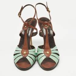 Pre Owned Valentino Brown/Mint Green Leather and Python T Strap Sandals Size 41