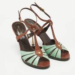 Pre Owned Valentino Brown/Mint Green Leather and Python T Strap Sandals Size 41