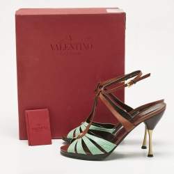 Pre Owned Valentino Brown/Mint Green Leather and Python T Strap Sandals Size 41