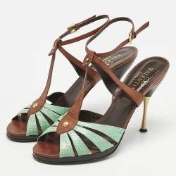 Pre Owned Valentino Brown/Mint Green Leather and Python T Strap Sandals Size 41