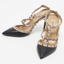 Pre Owned Valentino Black/Beige Leather Rockstud Caged Pumps Size 40