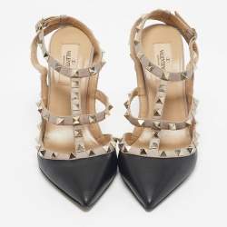 Pre Owned Valentino Black/Beige Leather Rockstud Caged Pumps Size 40