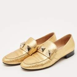 Pre Owned Valentino Metallic Gold Leather Rockstud Slip On Loafers Size 36