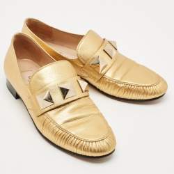 Pre Owned Valentino Metallic Gold Leather Rockstud Slip On Loafers Size 36