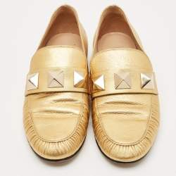 Pre Owned Valentino Metallic Gold Leather Rockstud Slip On Loafers Size 36