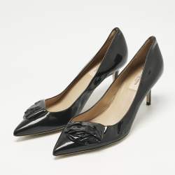 Pre Owned Valentino Black Patent Leather Flower Bow Pointed Toe Pumps Size 39.5