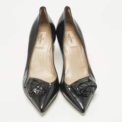 Pre Owned Valentino Black Patent Leather Flower Bow Pointed Toe Pumps Size 39.5