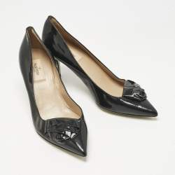 Pre Owned Valentino Black Patent Leather Flower Bow Pointed Toe Pumps Size 39.5