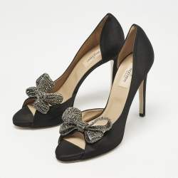 Pre Owned Valentino Black Satin Crystal Embellished Bow Peep Toe D'orsay Pumps Size 39.5