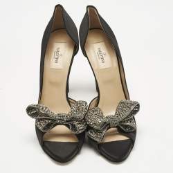 Pre Owned Valentino Black Satin Crystal Embellished Bow Peep Toe D'orsay Pumps Size 39.5