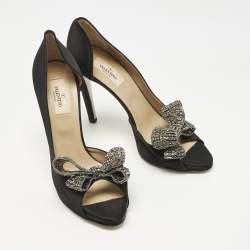Pre Owned Valentino Black Satin Crystal Embellished Bow Peep Toe D'orsay Pumps Size 39.5