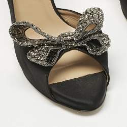 Pre Owned Valentino Black Satin Crystal Embellished Bow Peep Toe D'orsay Pumps Size 39.5