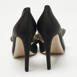 Pre Owned Valentino Black Satin Crystal Embellished Bow Peep Toe D'orsay Pumps Size 39.5