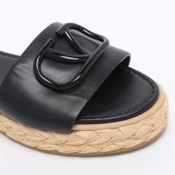 Pre Owned Valentino Black Leather VLogo Espadrille Flats Size 36