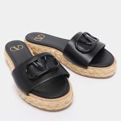 Pre Owned Valentino Black Leather VLogo Espadrille Flats Size 36