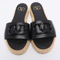 Pre Owned Valentino Black Leather VLogo Espadrille Flats Size 36