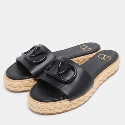 Pre Owned Valentino Black Leather VLogo Espadrille Flats Size 36