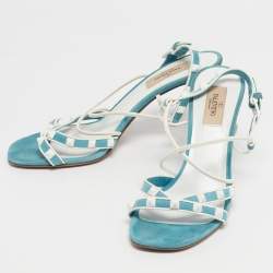 Pre Owned Valentino Blue/White Suede and Leather Rockstud Strappy Sandals Size 38