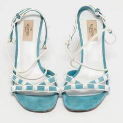 Pre Owned Valentino Blue/White Suede and Leather Rockstud Strappy Sandals Size 38