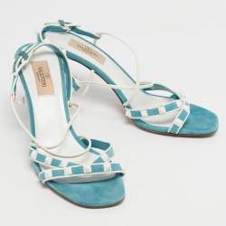 Pre Owned Valentino Blue/White Suede and Leather Rockstud Strappy Sandals Size 38