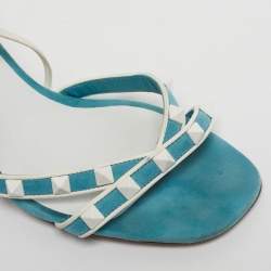 Pre Owned Valentino Blue/White Suede and Leather Rockstud Strappy Sandals Size 38