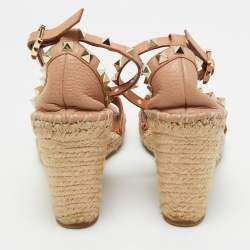 Pre Owned Valentino Beige Leather Rockstud Wedge Sandals Size 38