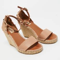 Pre Owned Valentino Beige Leather Rockstud Wedge Sandals Size 38