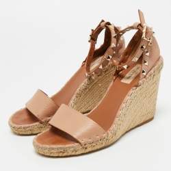 Pre Owned Valentino Beige Leather Rockstud Wedge Sandals Size 38