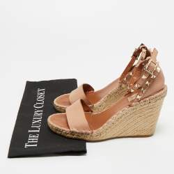 Pre Owned Valentino Beige Leather Rockstud Wedge Sandals Size 38