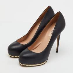 Pre Owned Valentino Black Leather Rockstud Round Toe Platform Pumps Size 36