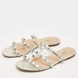 Pre Owned Valentino Silver Leather Rockstud Flat Slide Size 39