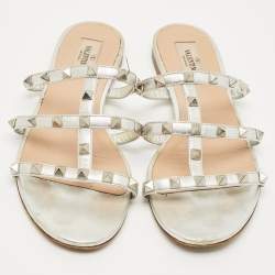 Pre Owned Valentino Silver Leather Rockstud Flat Slide Size 39