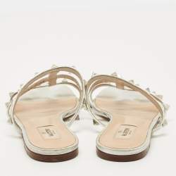 Pre Owned Valentino Silver Leather Rockstud Flat Slide Size 39