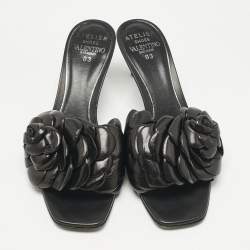 Pre Owned Valentino Black Leather Rose Atelier 03 Slide Sandals Size 38