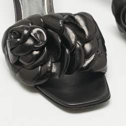 Pre Owned Valentino Black Leather Rose Atelier 03 Slide Sandals Size 38