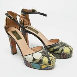 Pre Owned Valentino Multicolor Printed Leather Butterfly Ankle Strap Platform Pumps Size 38