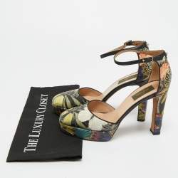 Pre Owned Valentino Multicolor Printed Leather Butterfly Ankle Strap Platform Pumps Size 38
