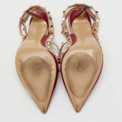 Pre Owned Valentino Red/Beige Leather Rockstud Ankle Strap Pumps Size 39.5